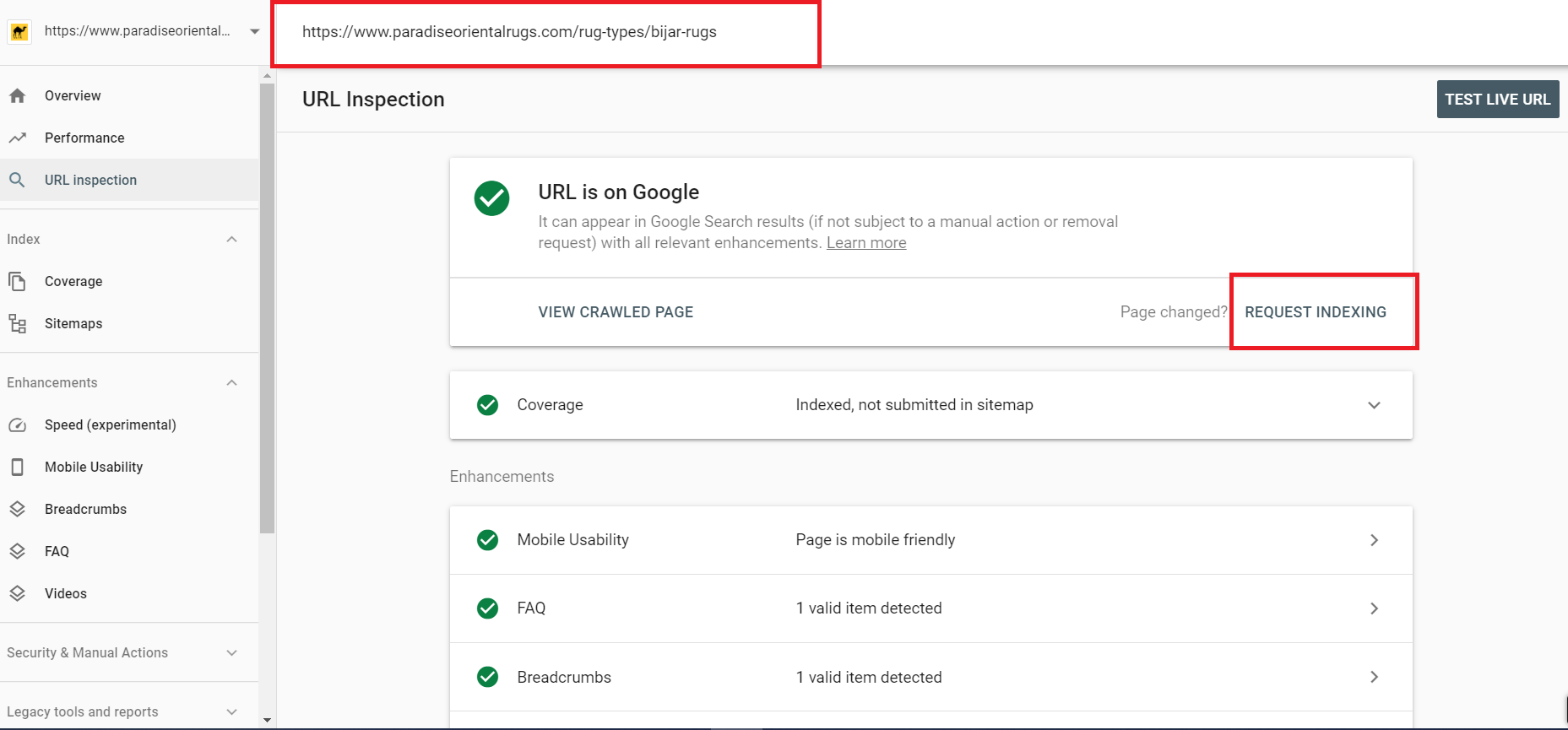 Search Console Indexing Page