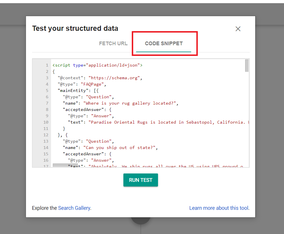 Structured Data Testing Tool Code Snippet