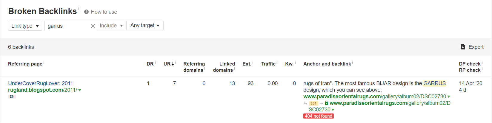 AHrefs Broken Backlink drilldown