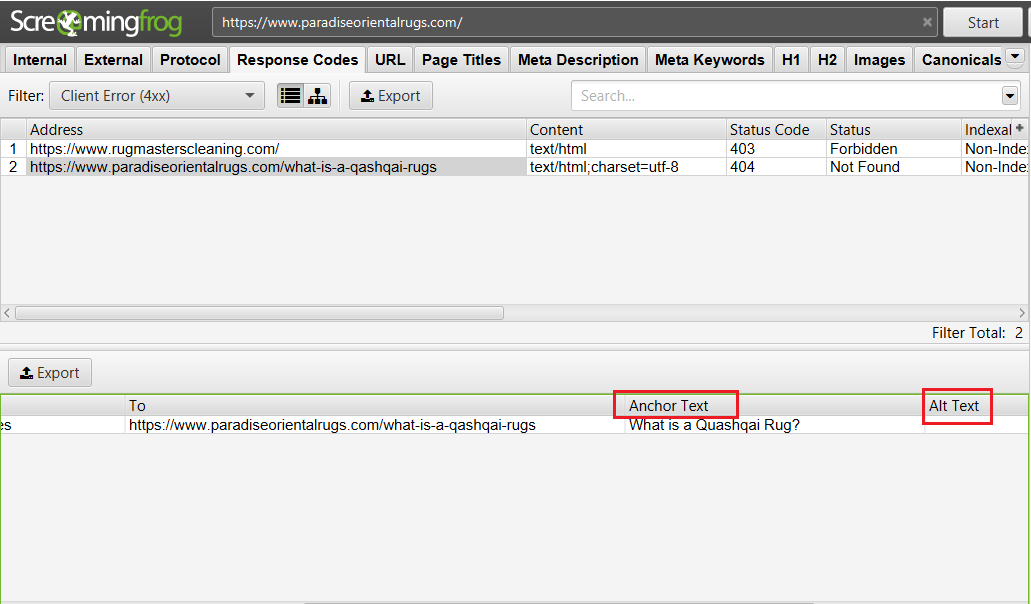 ScreamingFrog Error Alt and Anchor Text