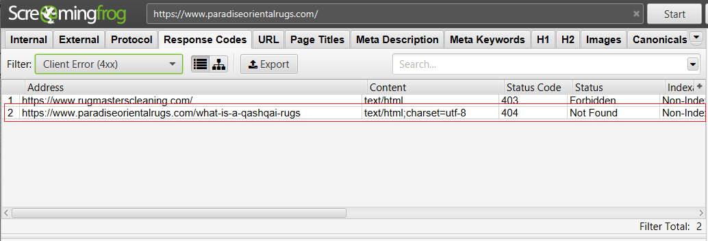 Screaming Frog 404 Error