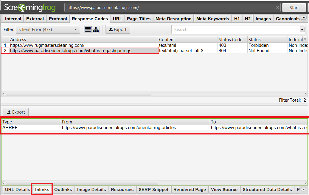 ScreamingFrog 404 To and From