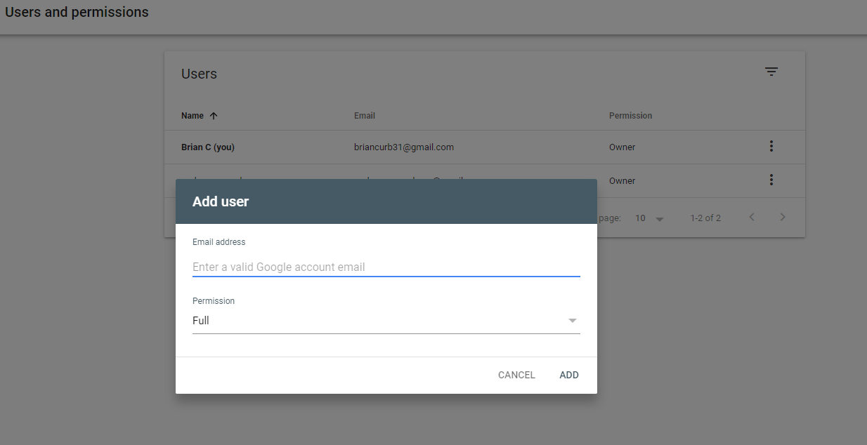 Search Console Add User Popup